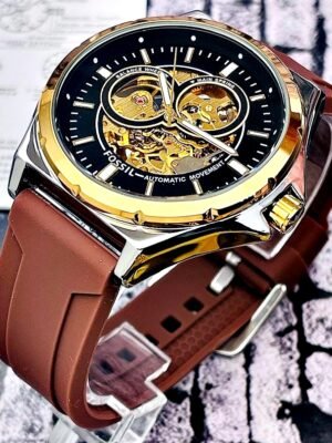 FOSSIL AUTOMATICO PULSO EN SILICONA. Hombre. Café- Dorado.