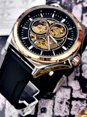 FOSSIL AUTOMATICO PULSO EN SILICONA. Hombre. Negro- Dorado.